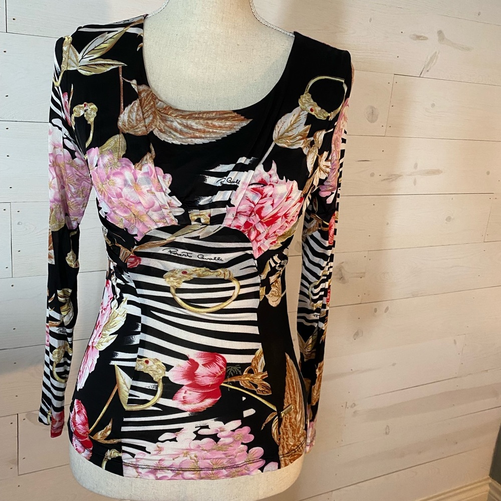 Roberto Cavalli Women’s Animal Print Floral Blouse Snake Bracelet Pink Floral L